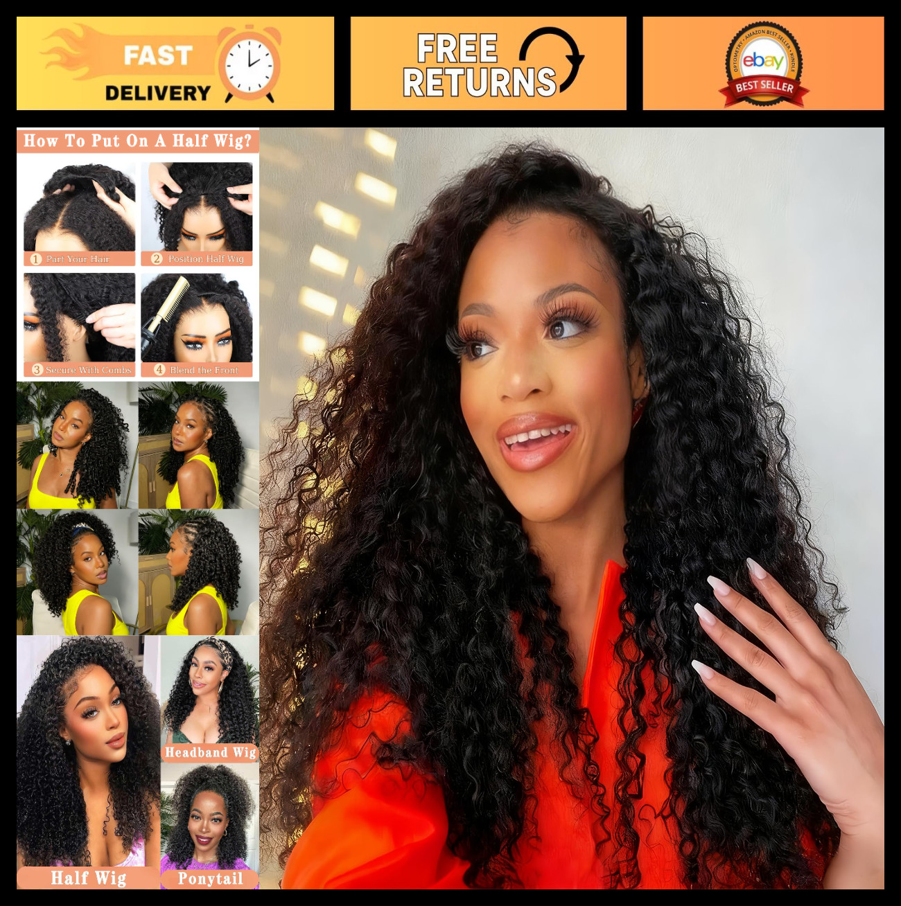 Deep Wave Curly Half Wig 28″ Human Hair, 200 Density, Glueless, Flip Over, Seaml
