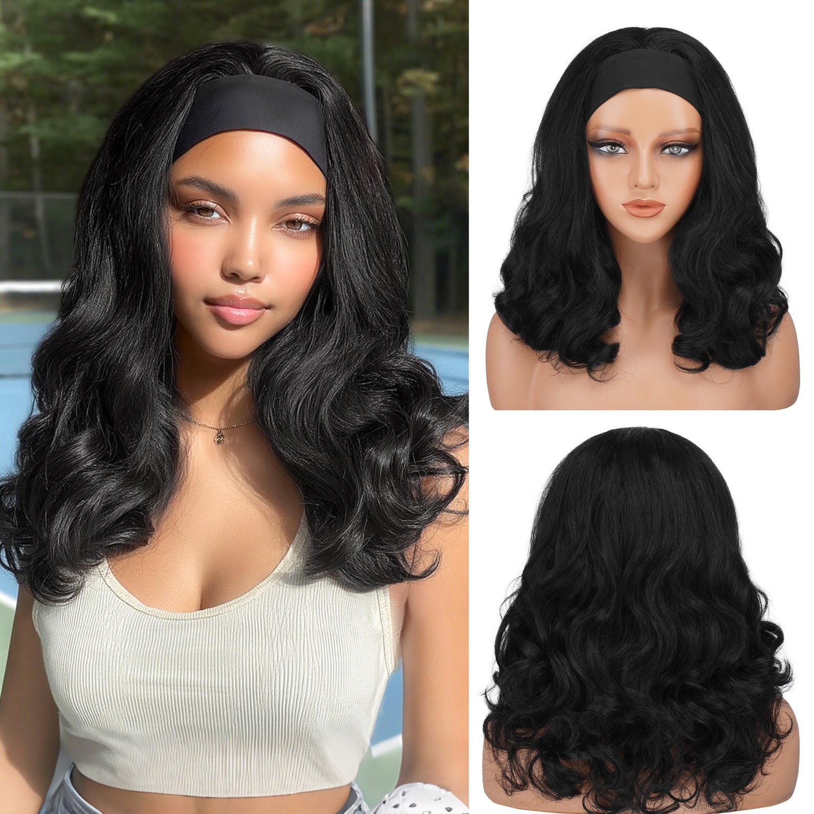 Yaki Straight Curly Headband for Black – 16 Inch Straight Top Curly Ends Head…