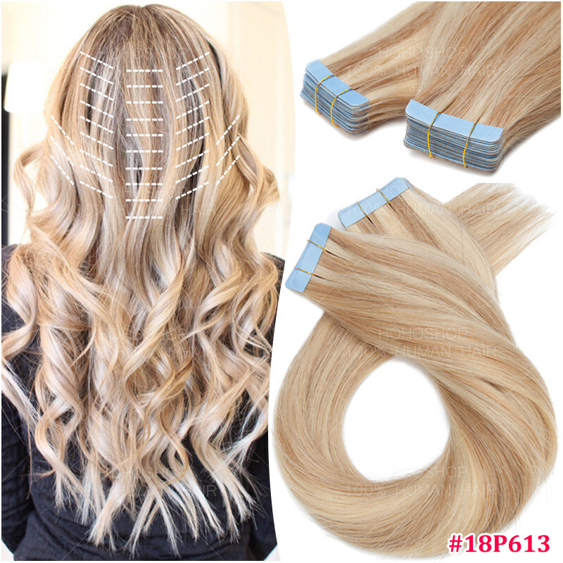 8A Russian Tape In Real Human Remy Hair Extensions Skin Weft Blonde Full Head US