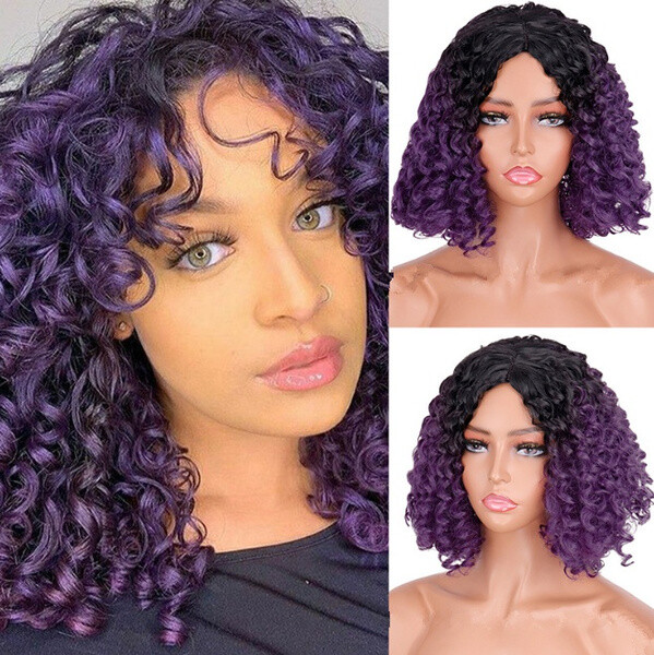 Short Afro Curly Wigs for Black Women Synthetic Natural Ombre Blue Purple Red