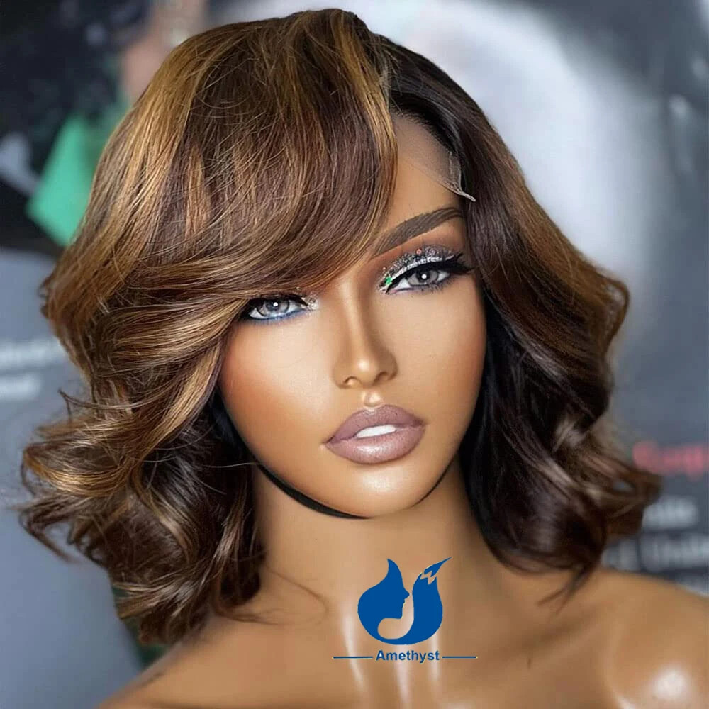 Short Wavy Ombre Blonde 13X6 Lace Front Human Hair Wigs Deep Part Highlight