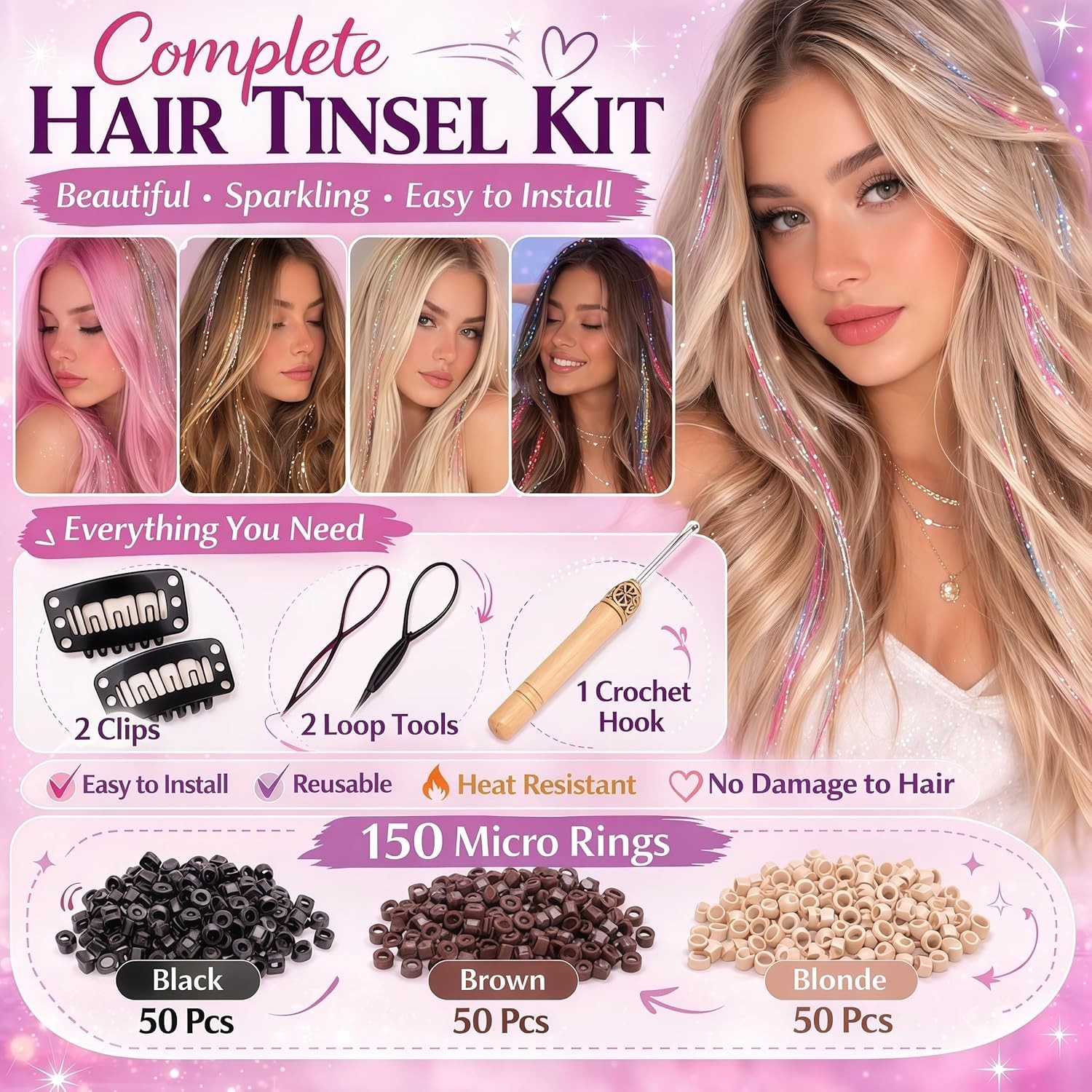 Glamorous 48-Inch Heat Resistant Hair Extensions Kit – 3500 Strands in 16 Colors