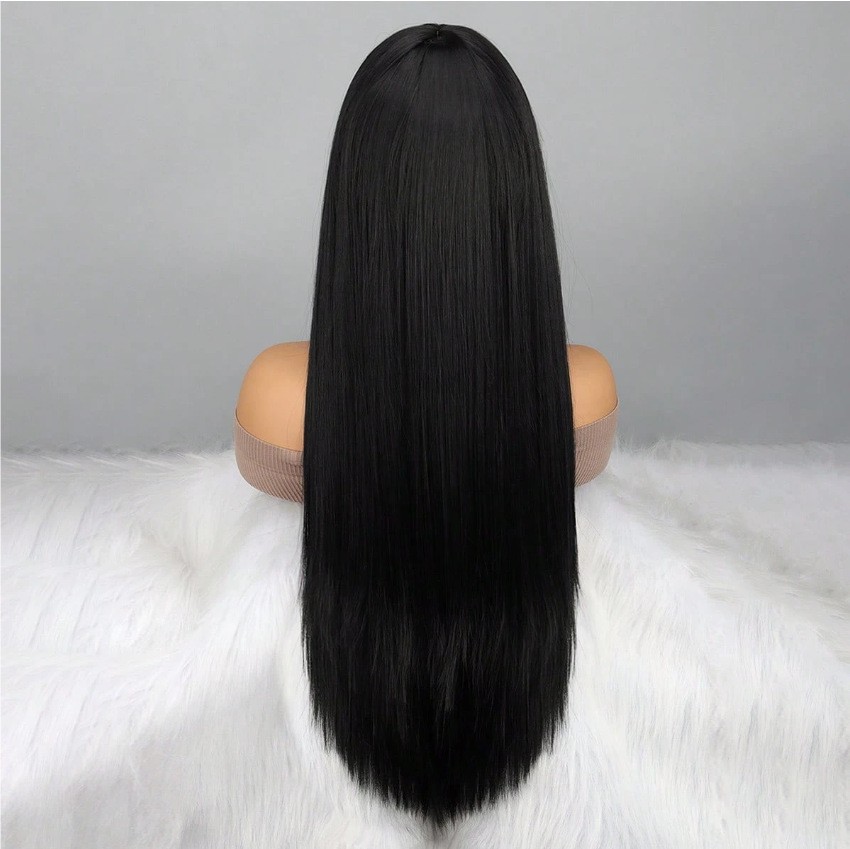 Black Straight Long Wig with Bangs Heat Resistant Synthetic Rose Net Full Wig