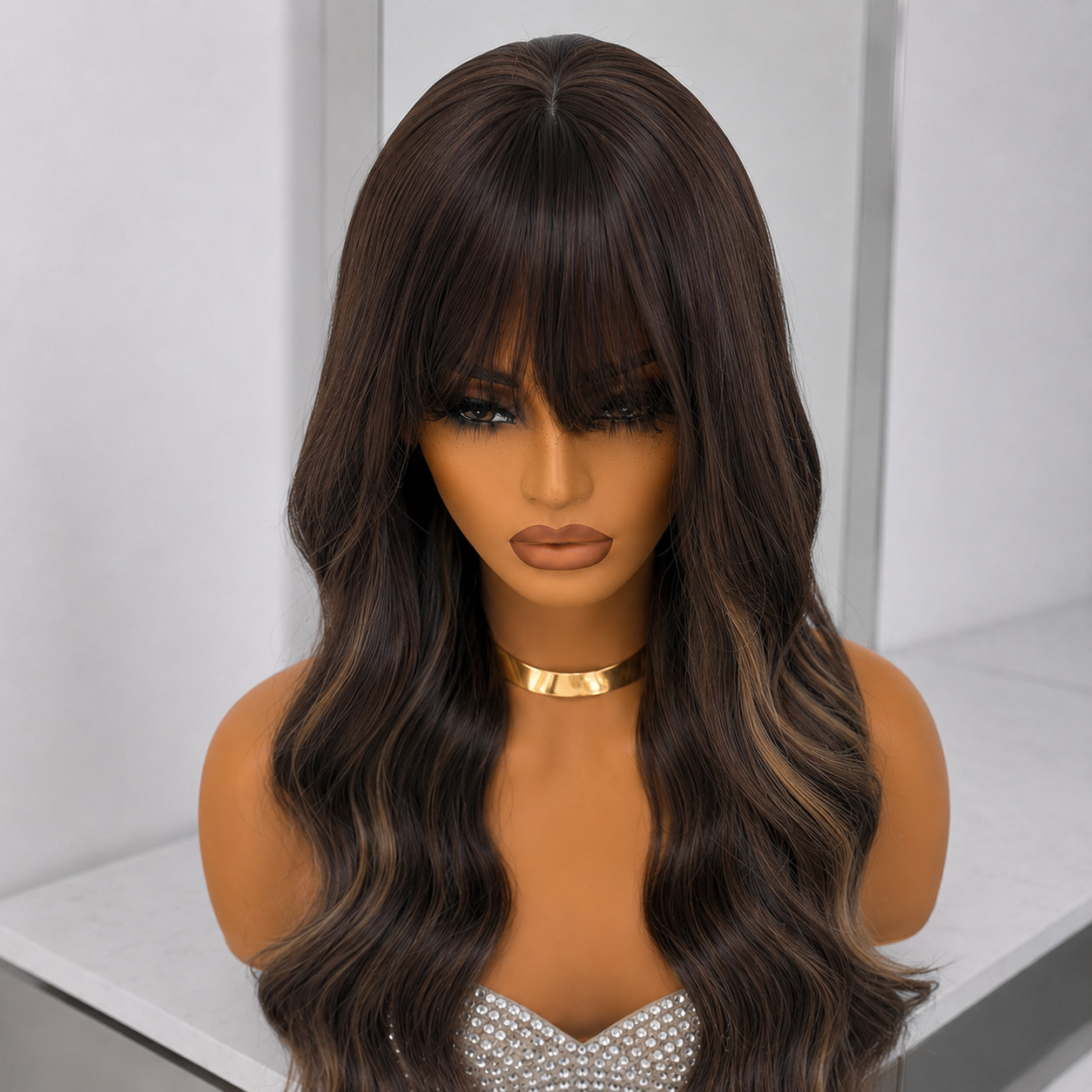 Costume Wig With Fringe Mixed Brown Heat Resistant Hair Long Wavy