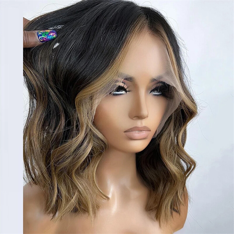 Short Bob Wigs Human Hair Glueless Brazilian Hair Ombre Black Brown 200% Density