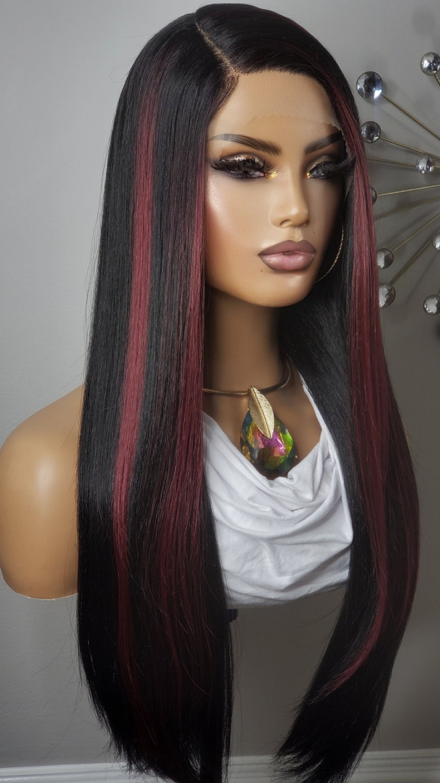 New Long Straight Style Burgundy Red Black Highlights Lace Front Wig Womens Hair