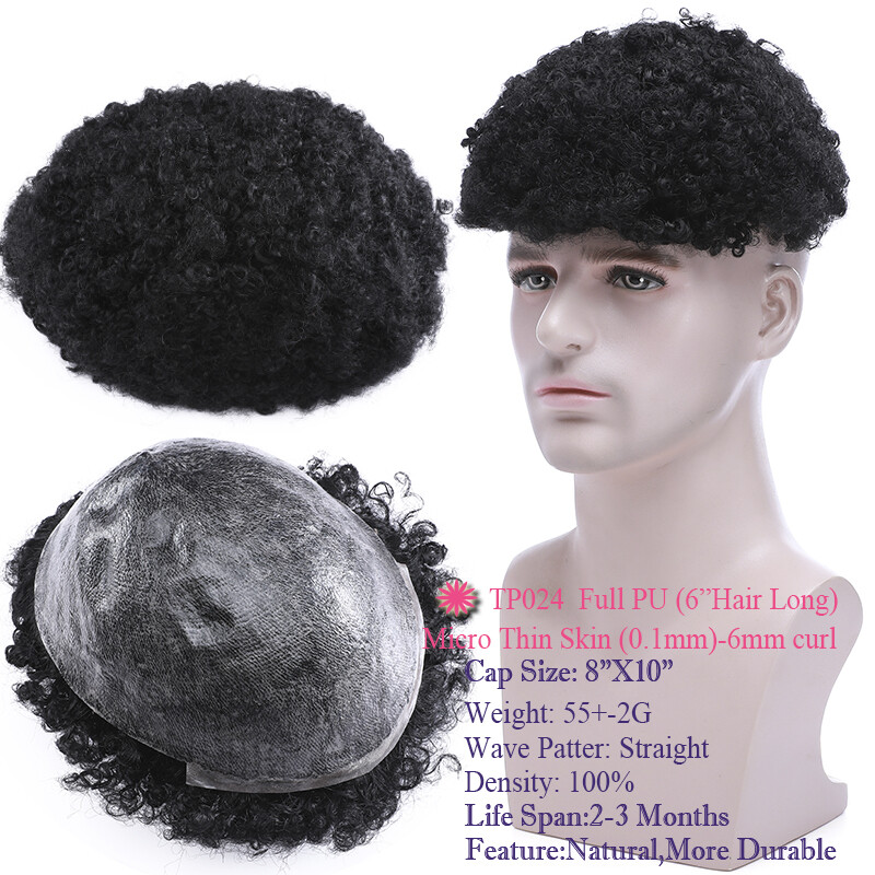 Men Toupee Human Hair Replacement Full Poly Thin Skin PU System Wig Hairpiece US