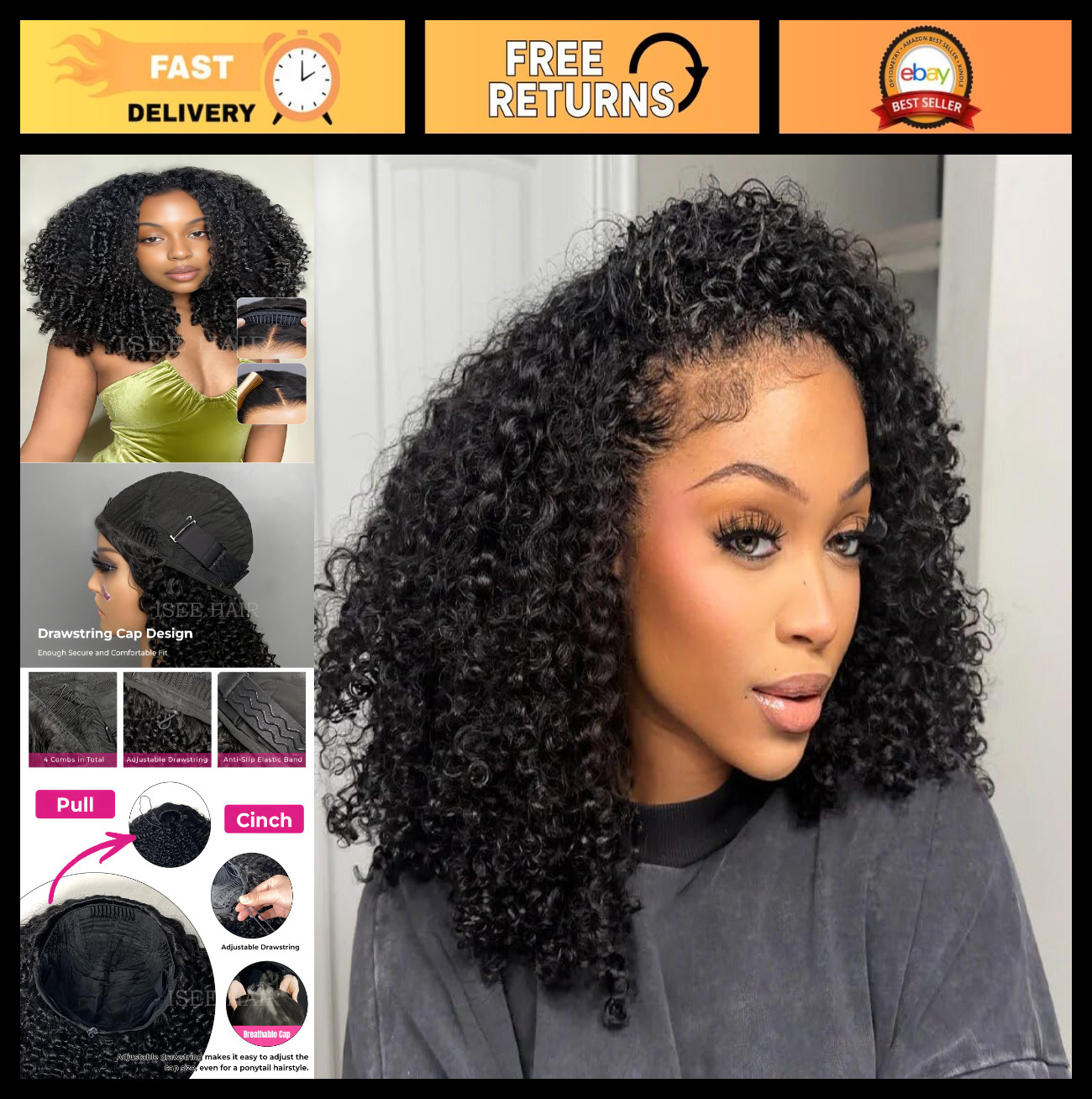 Kinky Curly Half Wig Human Hair 22″ 180% Density Glueless Clip-In Drawstring 3-i