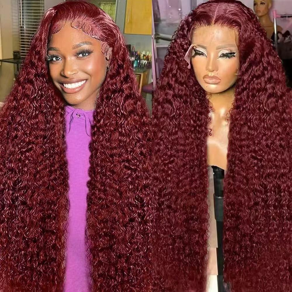30″ 99J Burgundy Deep Wave Lace Front Wig – 200 Density, Pre-Plucked, Curly Hair
