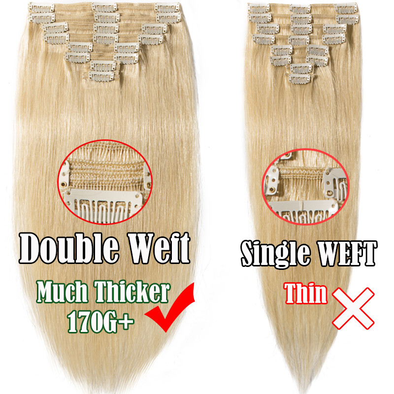 THCIK Double Weft Remy Human Hair Clip In Real Hair Extensions Full Head 8PCS US