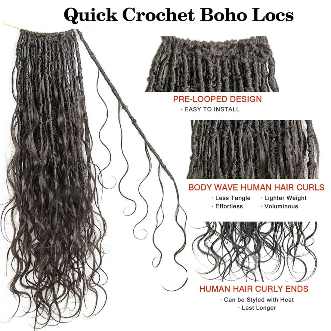 Walnut Hair Pre-Looped Crochet Boho Faux Locs Human Hair Curls Body Wave Human