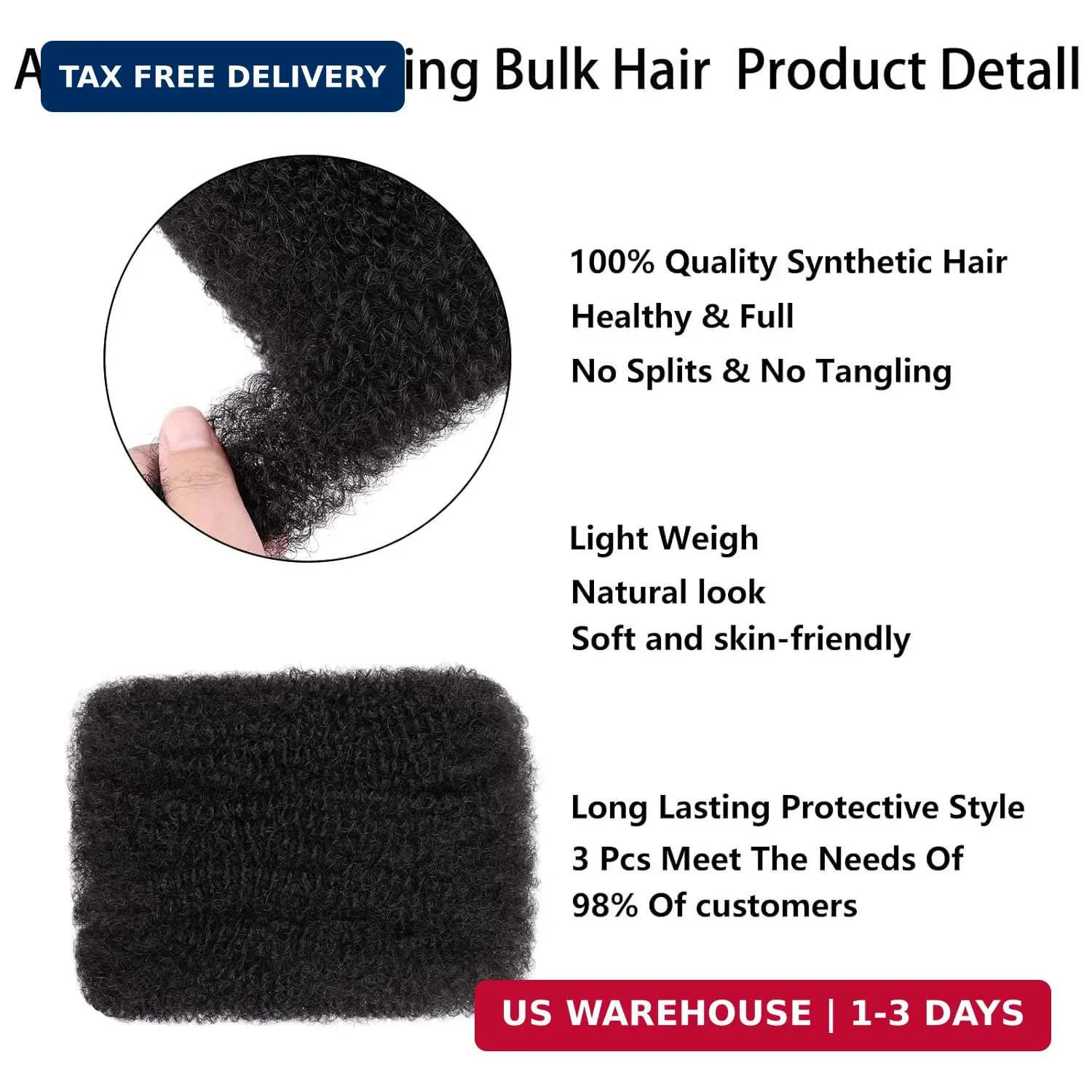 16 Inch 3 Bundles 90g Natural Black Afro Kinky Curly Braiding Bulk Hair