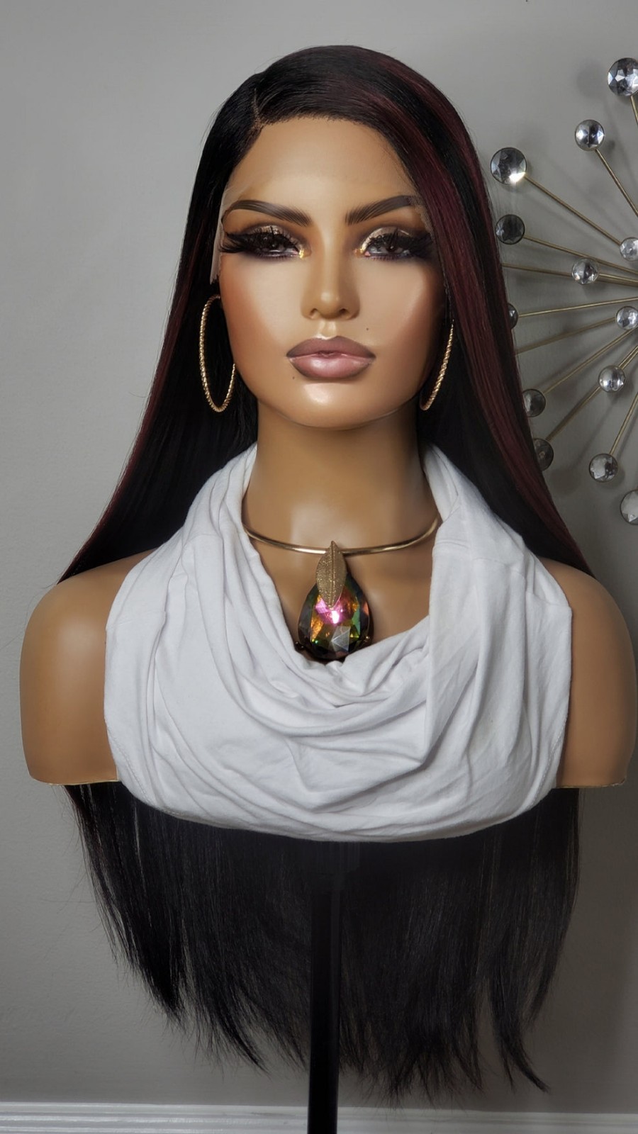 New Long Straight Style Burgundy Red Black Highlights Lace Front Wig Womens Hair