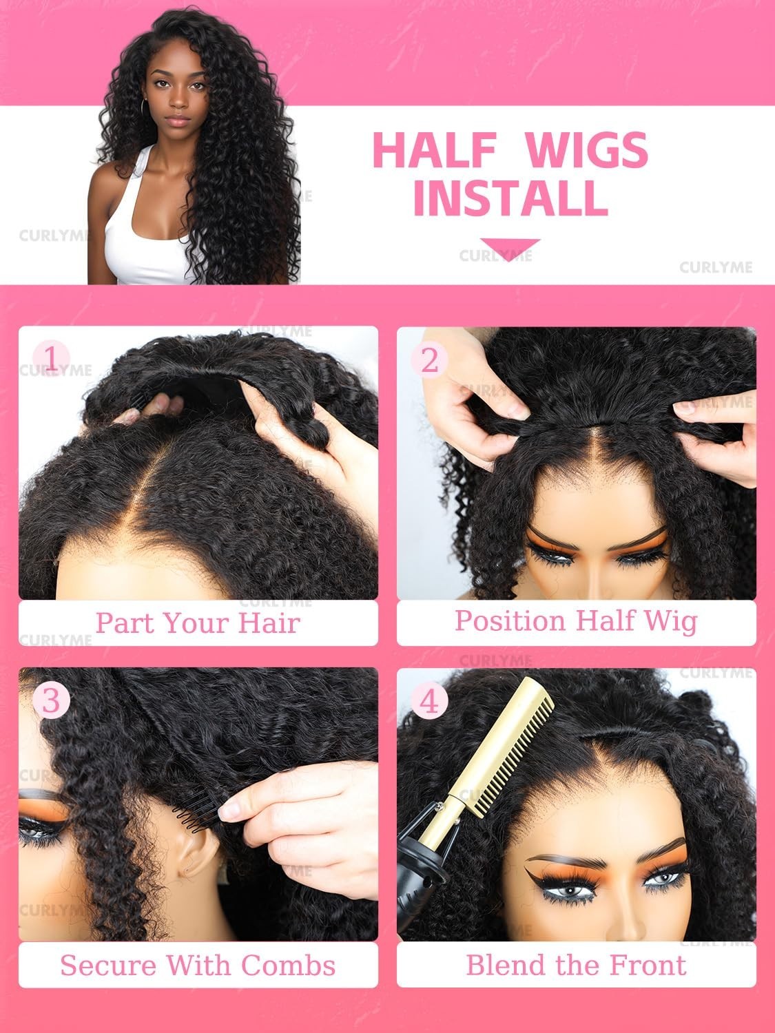 20 Inch Curly Half Wig Water Wave Human Hair – Glueless, Adjustable, Beginner Fr