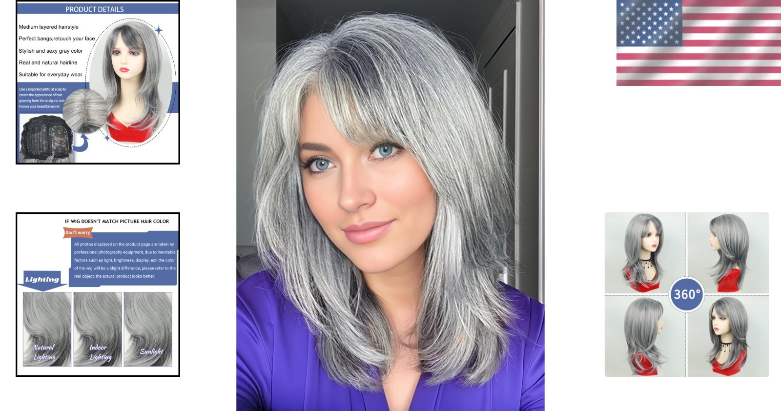 Silver Grey Wavy Wig for Women Medium Length with Bangs and Adjustable Straps