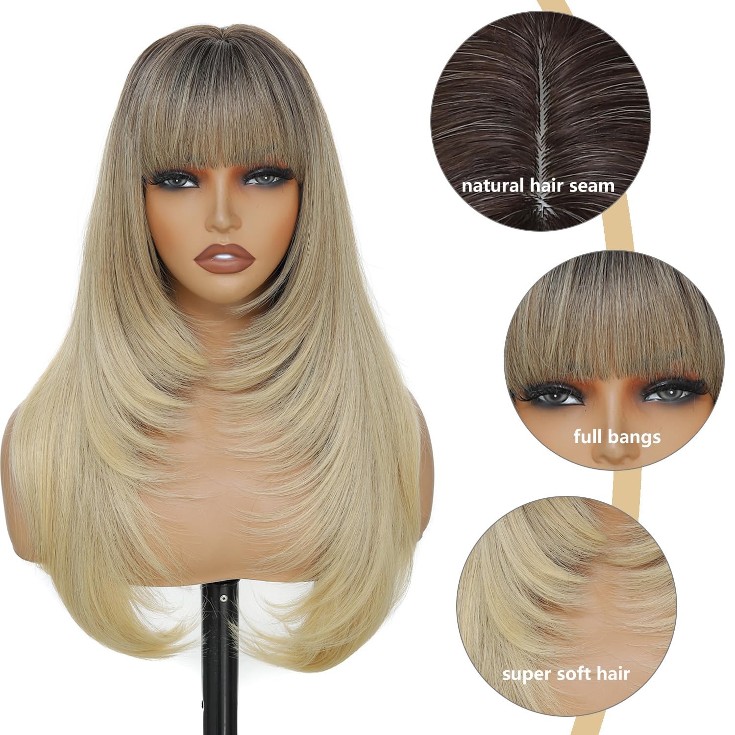 Ombre Blonde Layered Wig with Bangs 26 Inch Long Wavy Blonde Wigs for Women H…