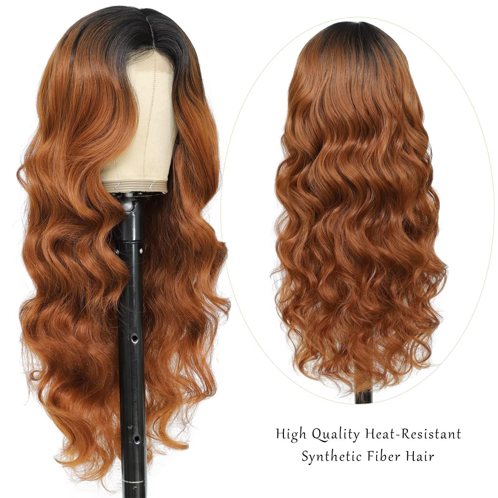 Ombre Brown Wig For Women 28 Inch Long Wavy Synthetic Lace Front Wig 1b/30 Mi…