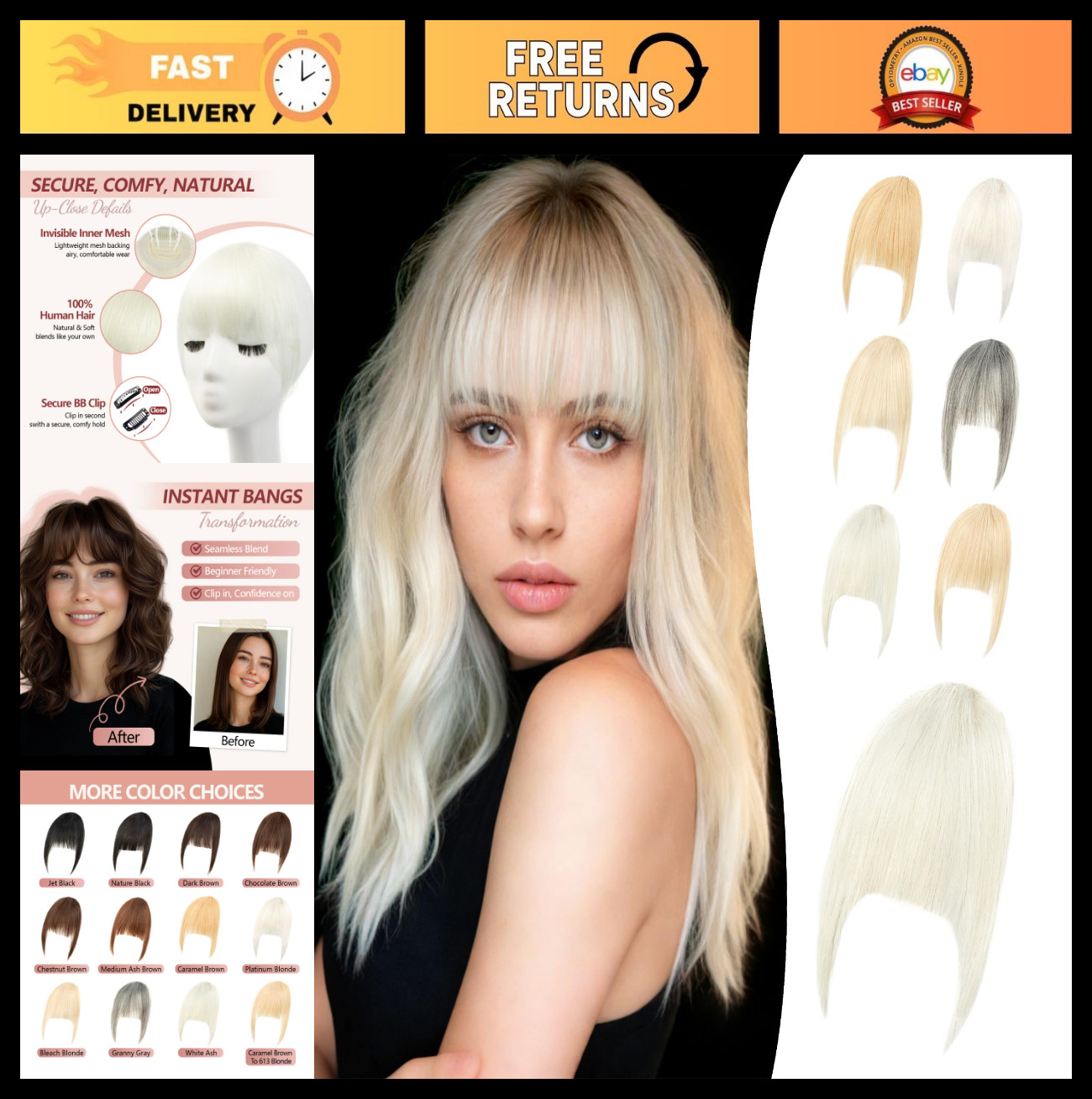 Clip-in Human Hair Bangs, Real Wispy Fringe with Side Temples for Women