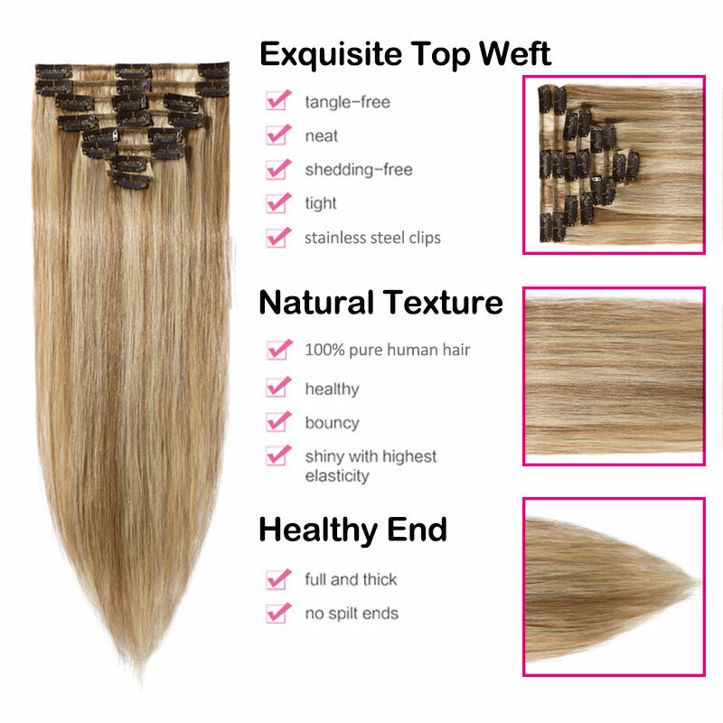 Smooth&Soft 100% Human Hair Extensions 8 Pieces Clip In Real Remy Hair FULL HEAD