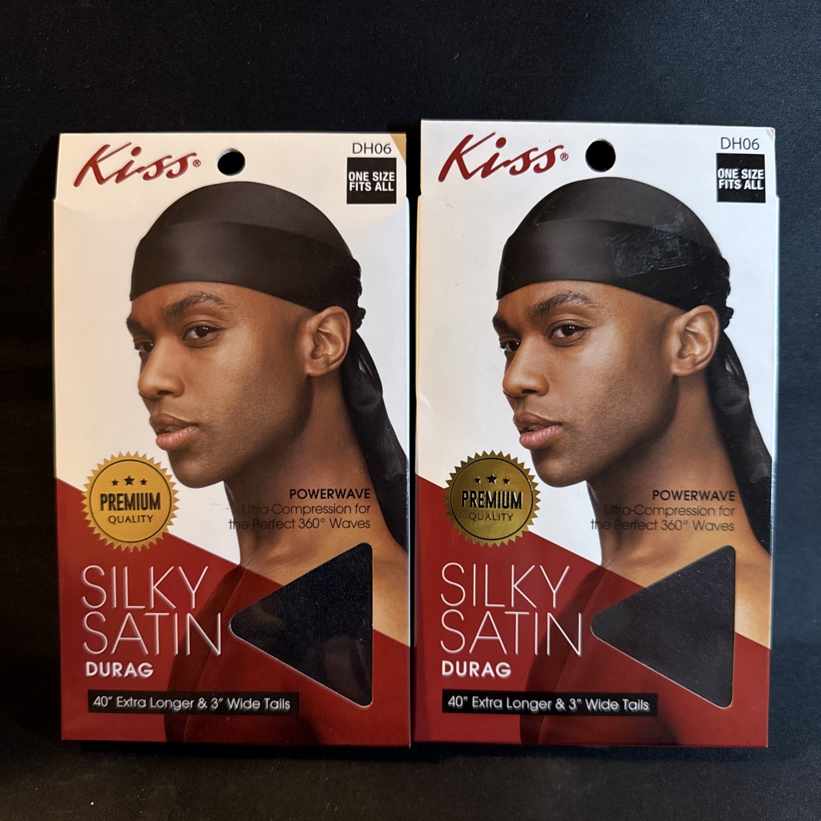 Lot Of 2-Kiss Power Wave Silky Satin Durag 40” Extra Long & 3” Wide Tails Black