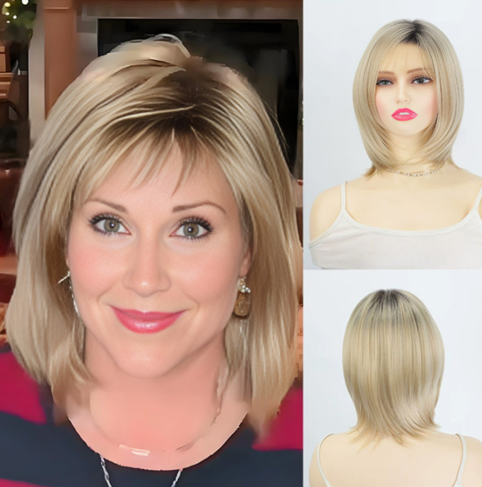 Rooted Blonde Mix Bob Hairstyle Synthetic Hair Wigs Women Soft Natural Daily use
