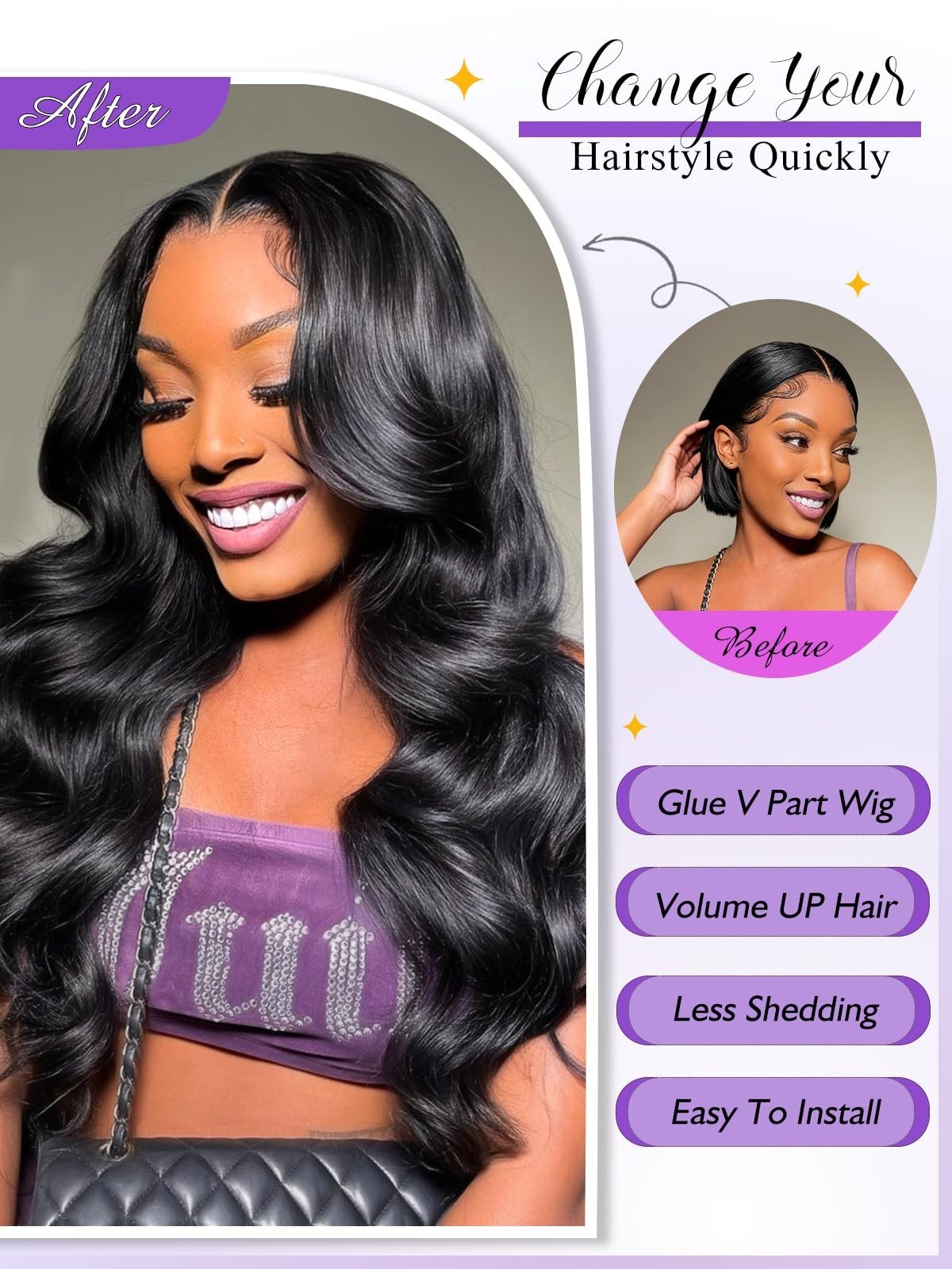 20 Inch V Part Wig Human Hair Body Wave 200% Density Clip-In Half Wig – No Glue,