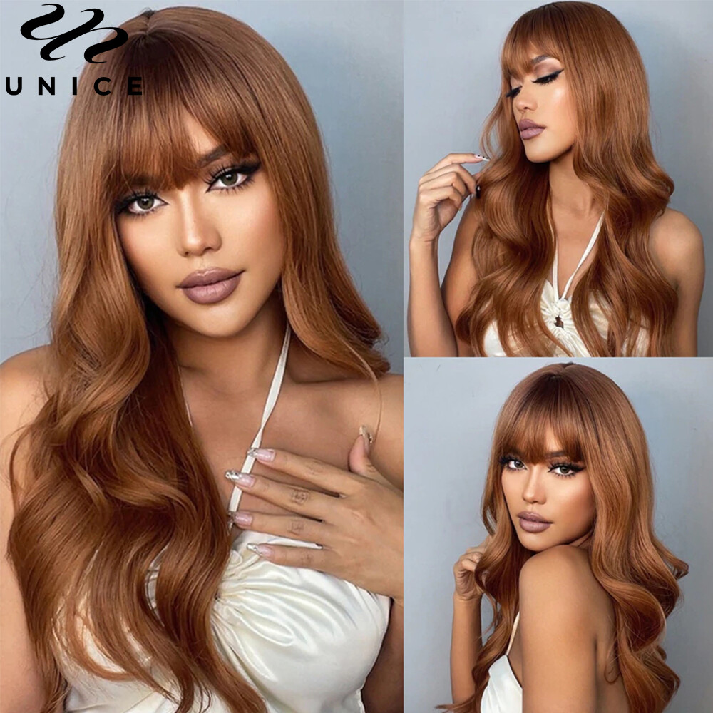 UNice Brazilian Brown Yaki Straight Human Hair Wig with Bang Lace Wigs Layer Cut