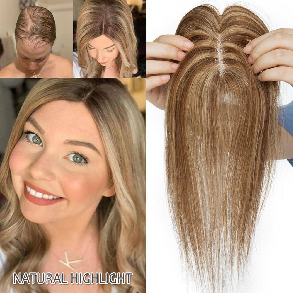 100% Human Hair Woman’s Topper Hairpiece Toupee Wig Black/Brown/Blonde Silk/Mono