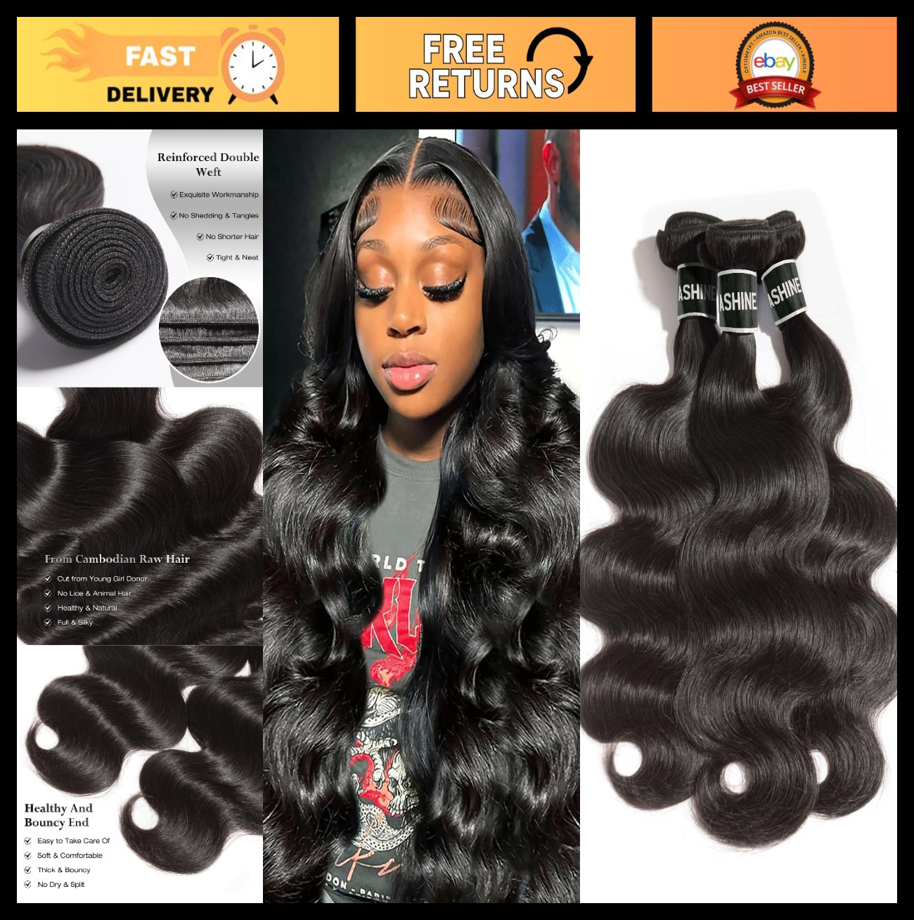 Unprocessed Cambodian Body Wave Hair Bundles – Soft & Silky Natural Black 16-20