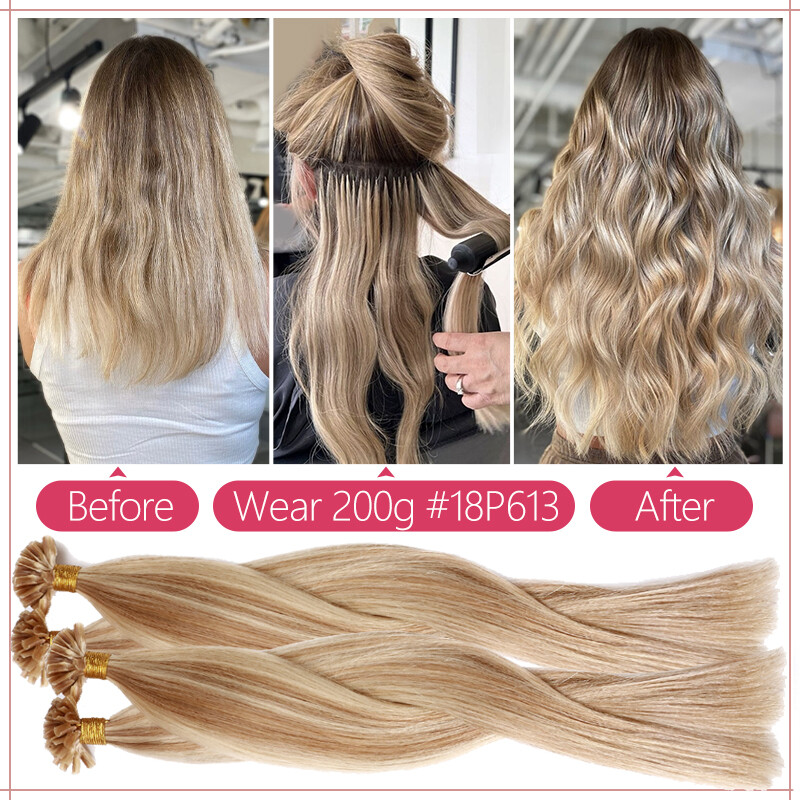 300Strands Nail U Tip Pre-Bonded Real Remy Human Hair Extensions Thick Russian