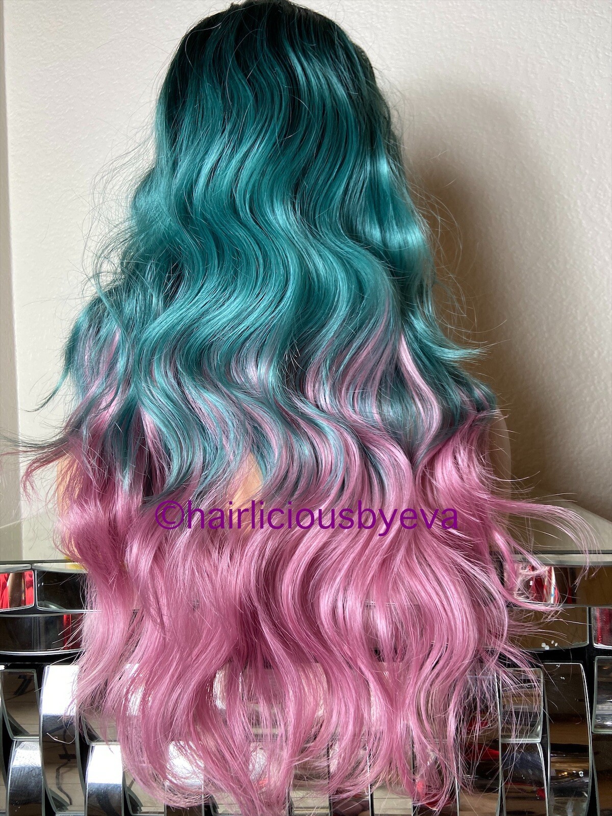 Pastel Rainbow Wig Ombré Green Pink Dark Roots Lace Front 24” Long Wavy Layere