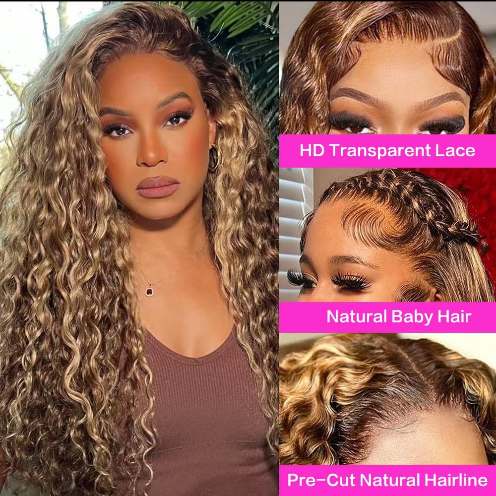30inch Highlight Ombre Lace Front Wig Human Hair 13×6 HD Honey Blonde 4/27 De…