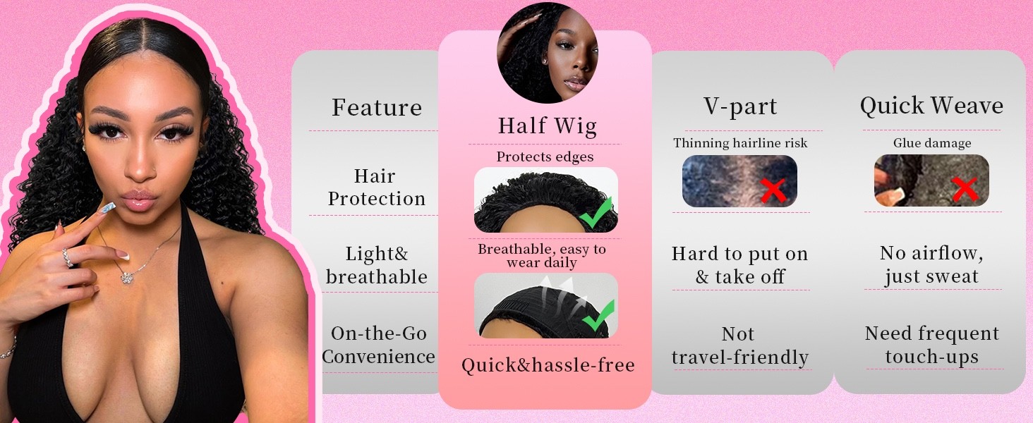 Kinky Curly Half Wig Human Hair Upgrade 3 In 1 Half Wig With Drawstring No Lace