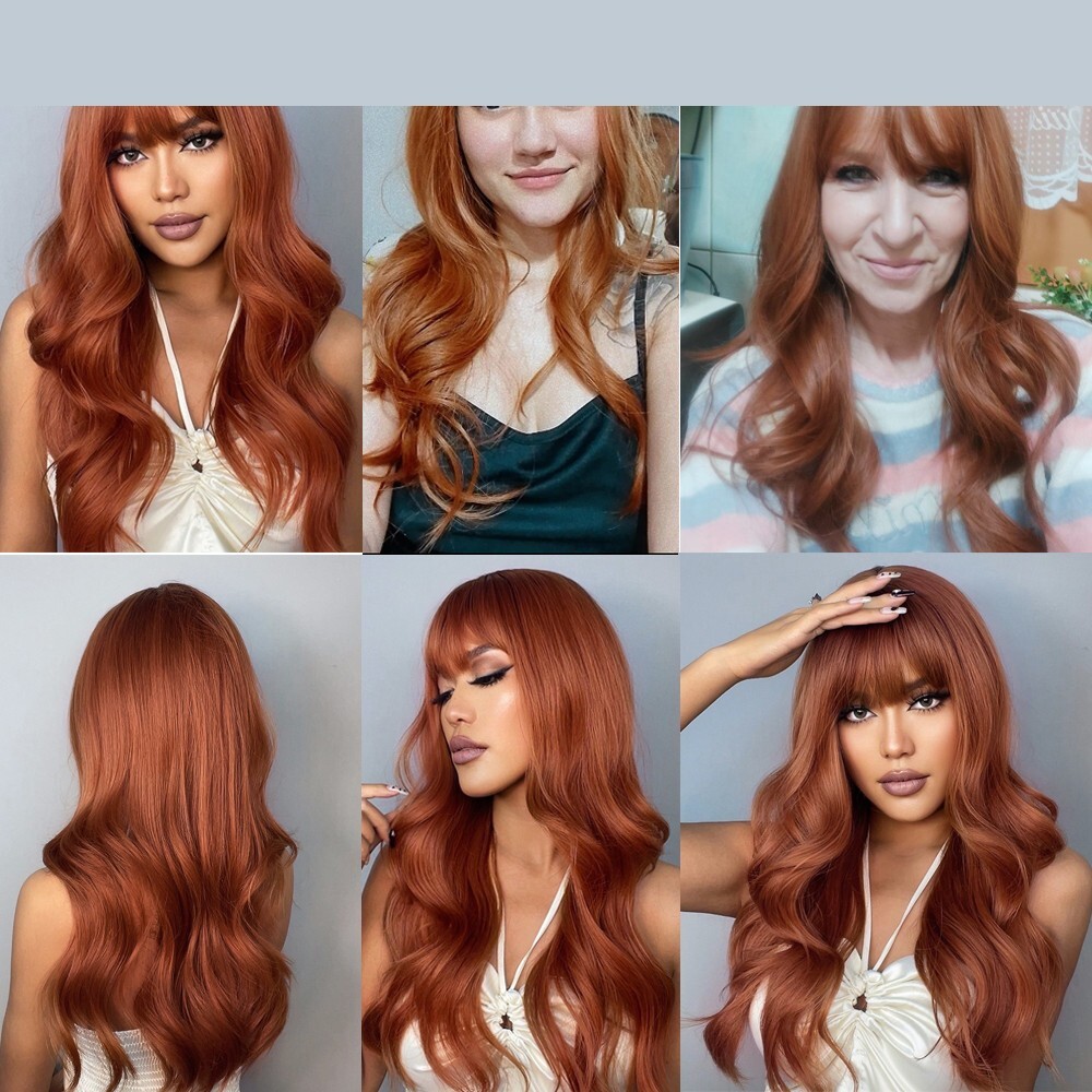 Synthetic Hair Heat Resistant Dress Up Wig With Bangs Copper Red Long Wavy