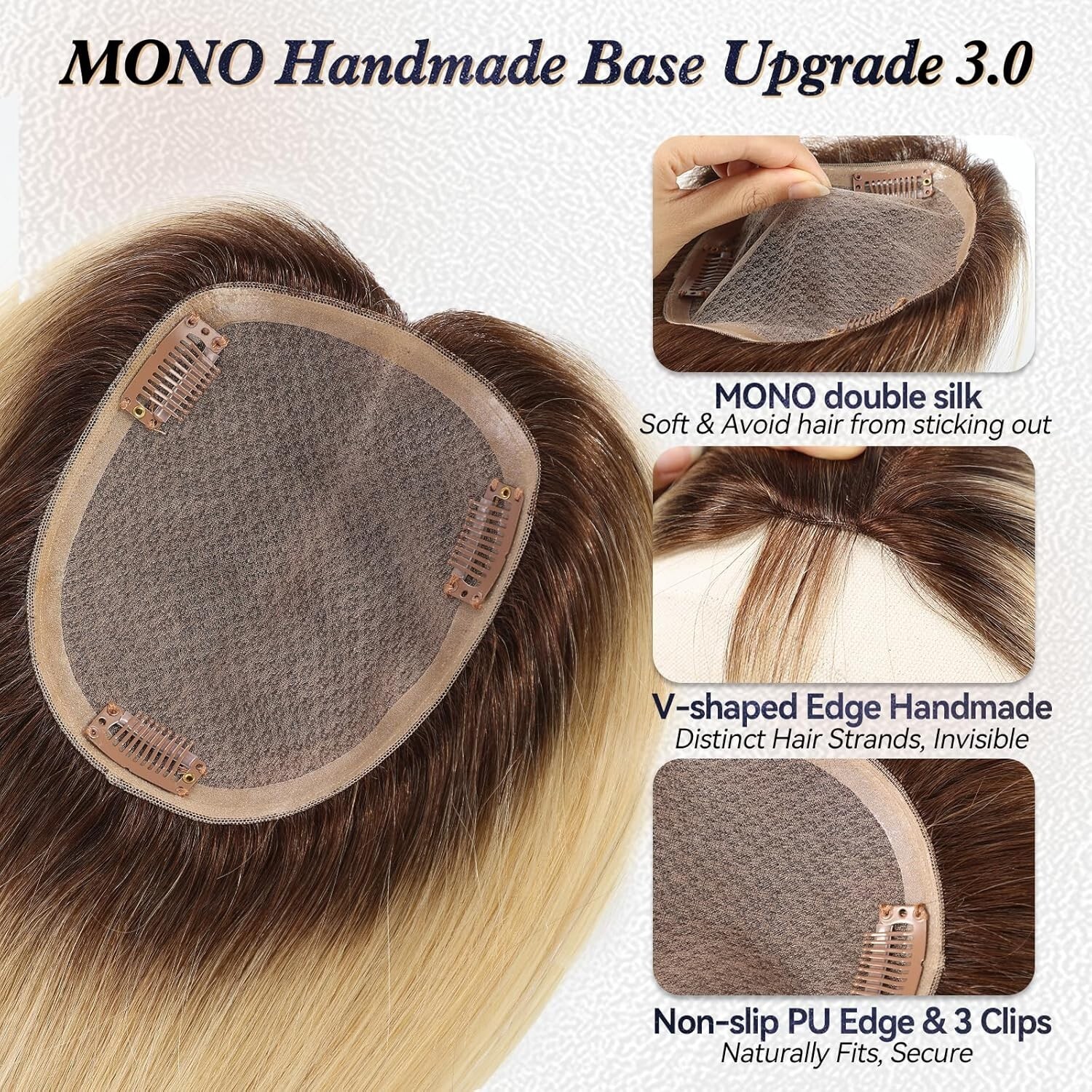 Starluck Ombre Light Blonde Hair Topper, 65g, 6″x5.5″ Large Base, Human Hair