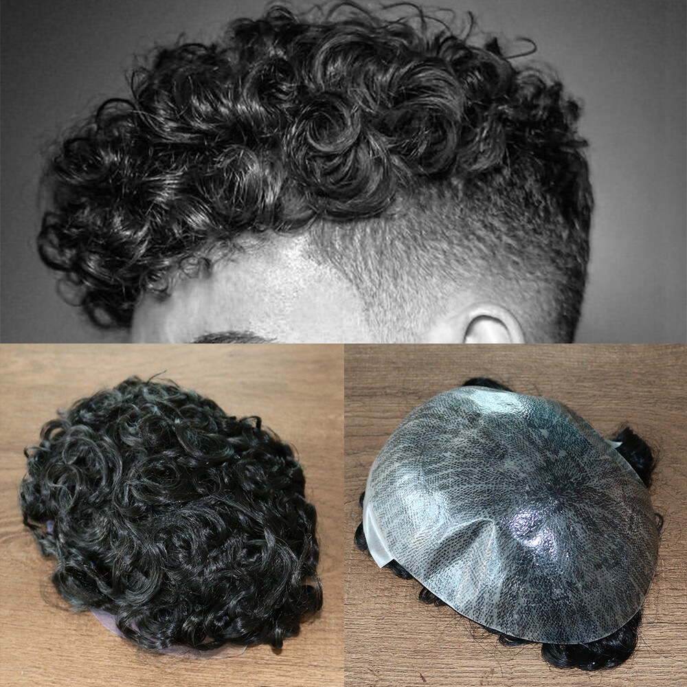 Indian Remy Human Hair 20mm Curl Toupee Skin Base 10×8 inch Hairpieces Men Wig