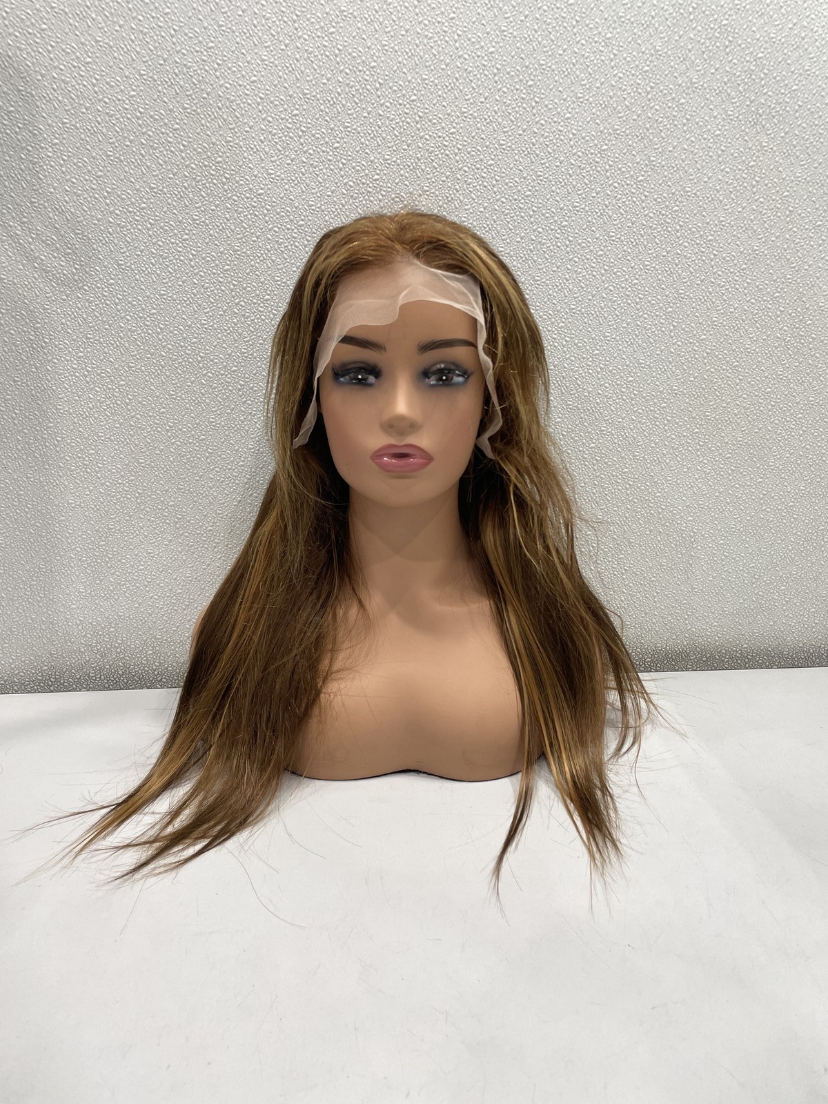 Brown With Highlights Straight Human Hair Blend Glueless Lace Front Wig, 24″