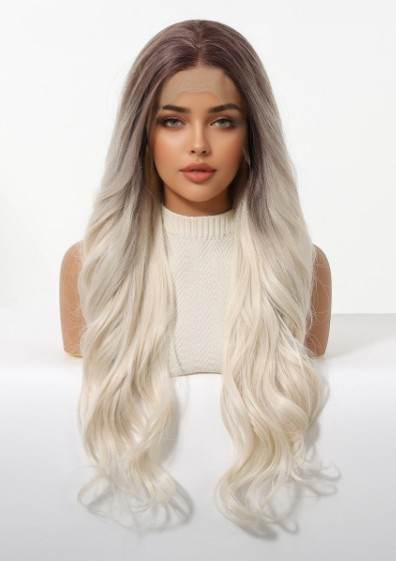 Long Wavy Rooted Pale Blonde Mix Lace Front Synthetic Hair Heat Ok Wigs