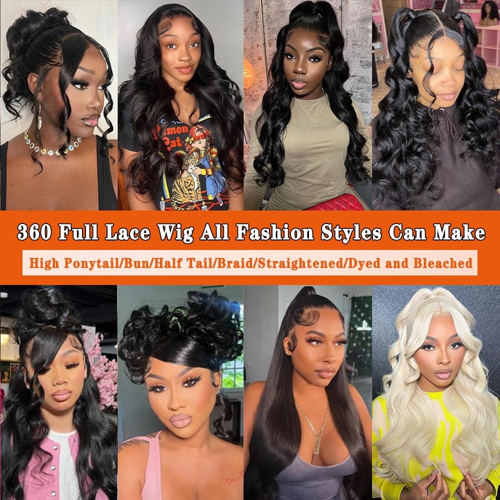 POLKN 30 Inch 360 Lace Front Wigs Human Hair Invisi Strap Body Wave HD Lace F…