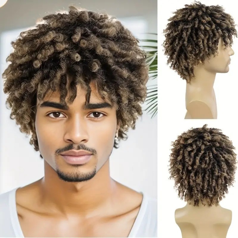 Men’s Short Afro Kinky Curly Synthetic Wig African American Twist Hair Black Bro