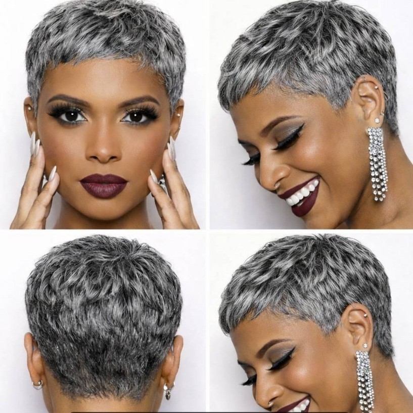 2″ Short Gray Pixie Wig Human Hair No Lace Mechanized Full Cap Wig