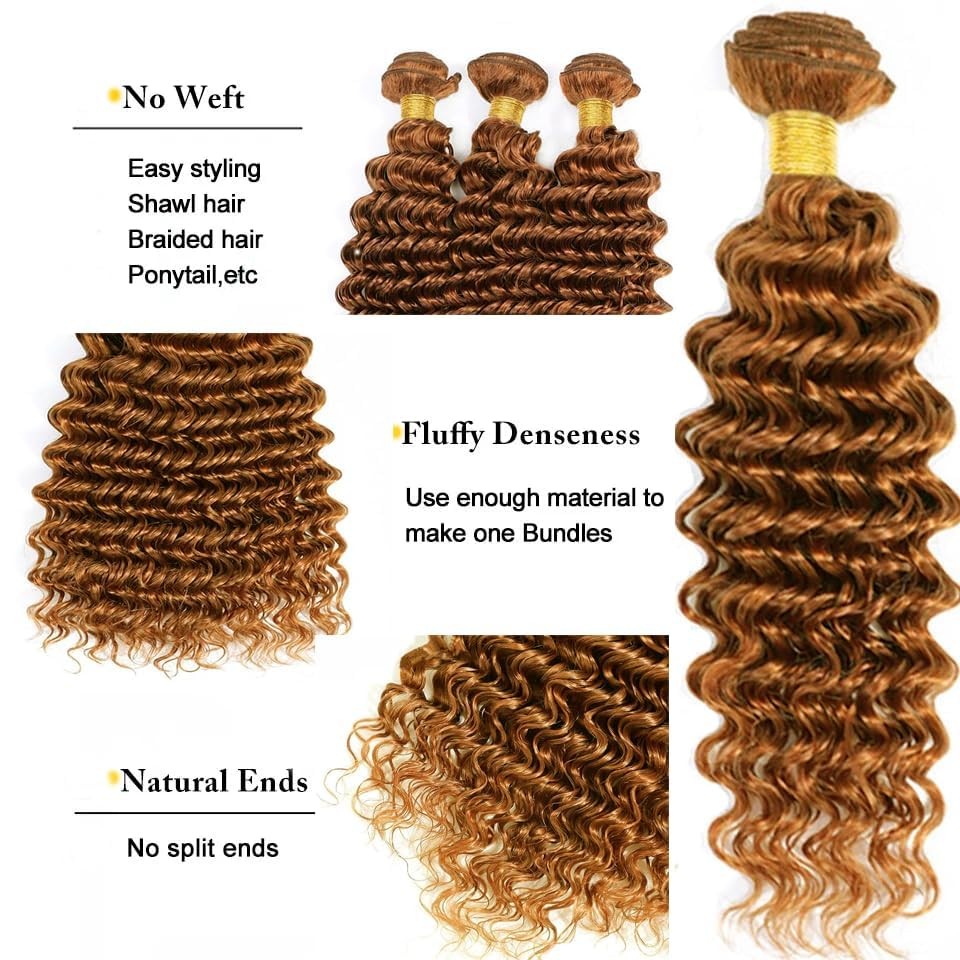Xddnamei Brazilian Virgin Human Hair Bundles Color 30 Light Brown Deep Wave