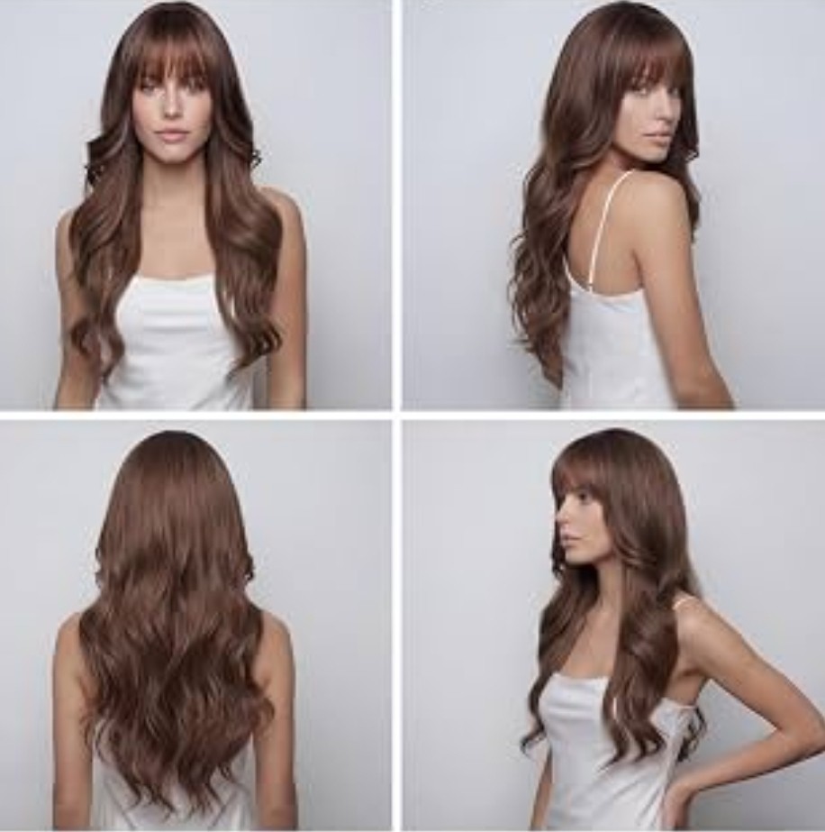 Wig – Human Hair Blend – Long Straight Body Wave Dark Brown Bangs Heat Resistant