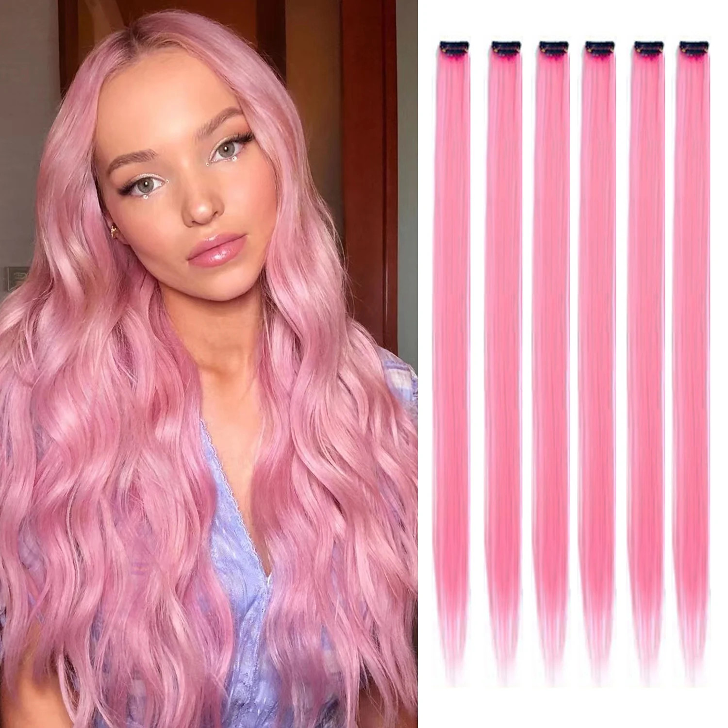 22 Inch Clip in Synthetic Hair Extensions Colored Straight Hairpieces Royal Blue