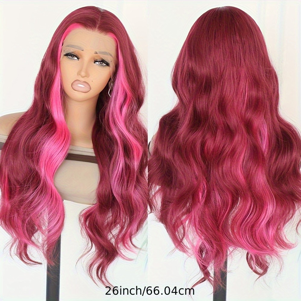 Long Wavy Skunk Stripe 13×4 Free Part Pink Purple Mixed Color Lace Front Wigs