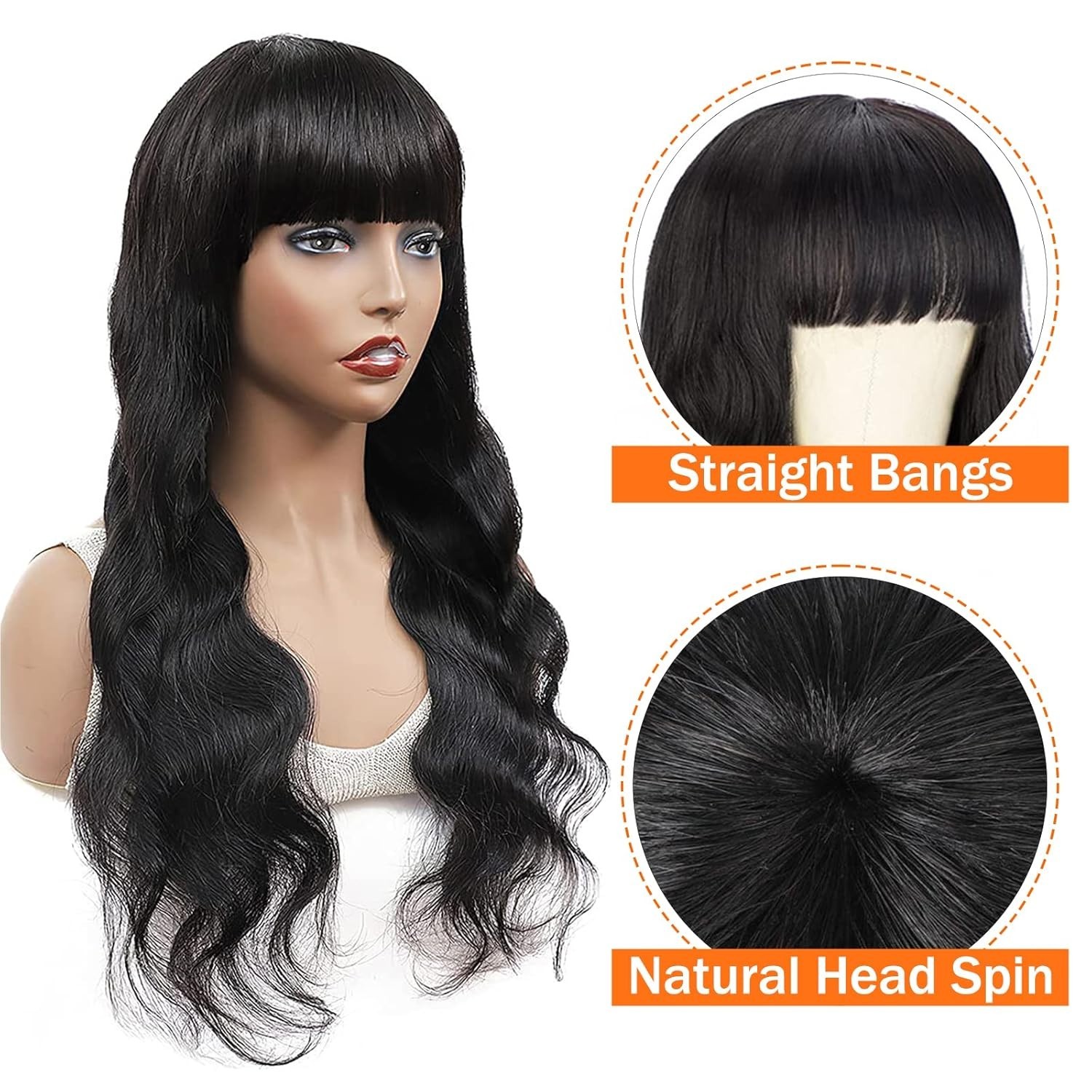 Human Hair Wig With Bangs Brazilian Virgin Body Wave Hair No Lace Front Wig