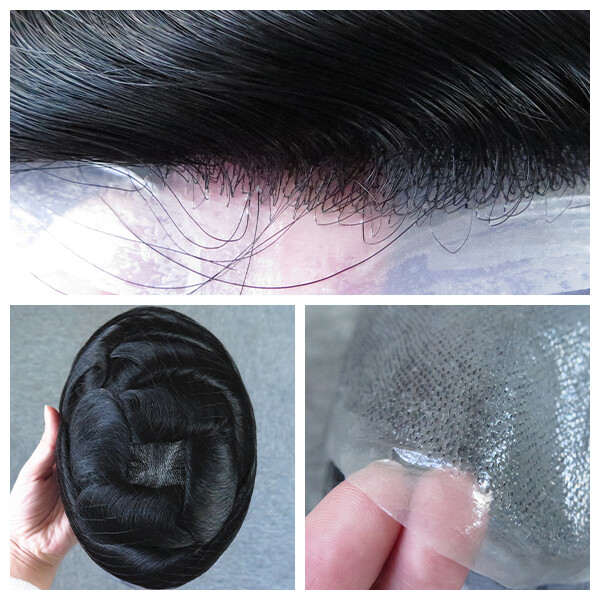 Toupee Mens Human Hair Thin Skin Hairpieces System Replecement Natural Jet BLACK