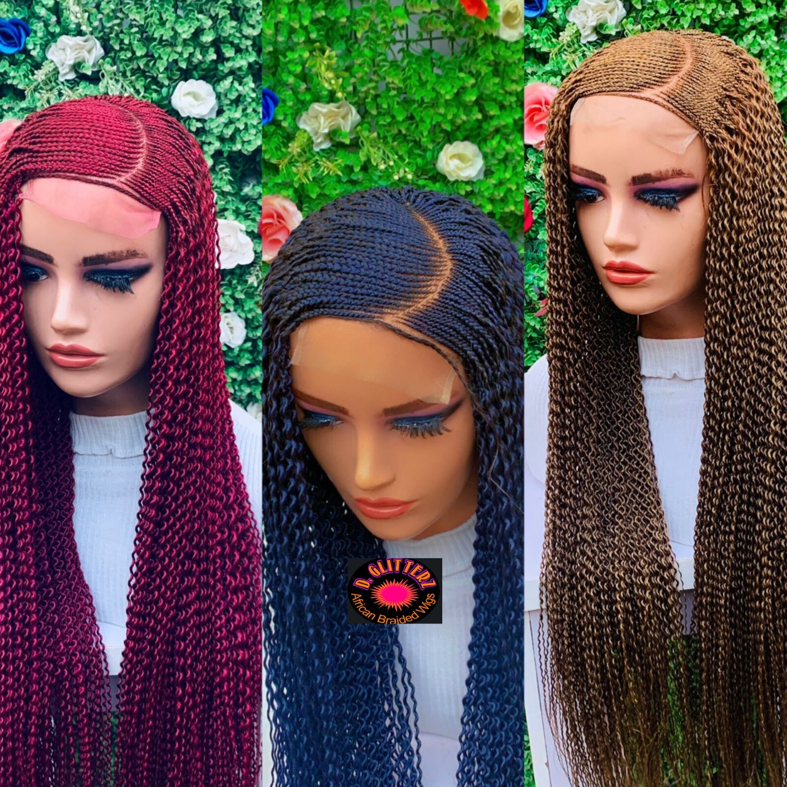 WATERMELON BRAIDED WIG. Gold Blue Burgundy 40″
