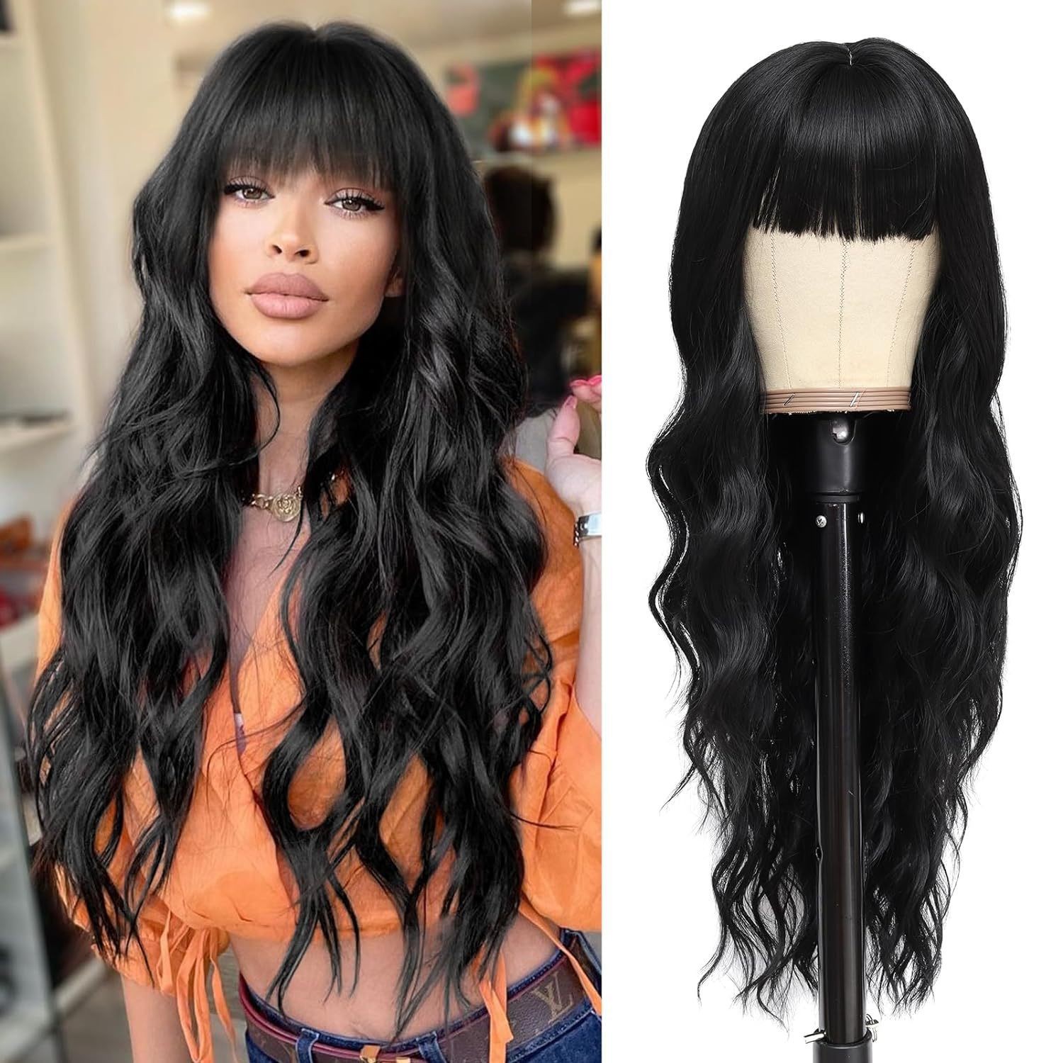 Black Wig with Bangs for Women Long Black Wavy Wigs 26 Inch Black Wigs Daily Pa