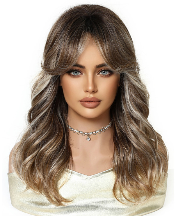 Long Wavy Rooted Blonde Gray Brown Mix Synthetic Hair Wigs Women Soft Natural